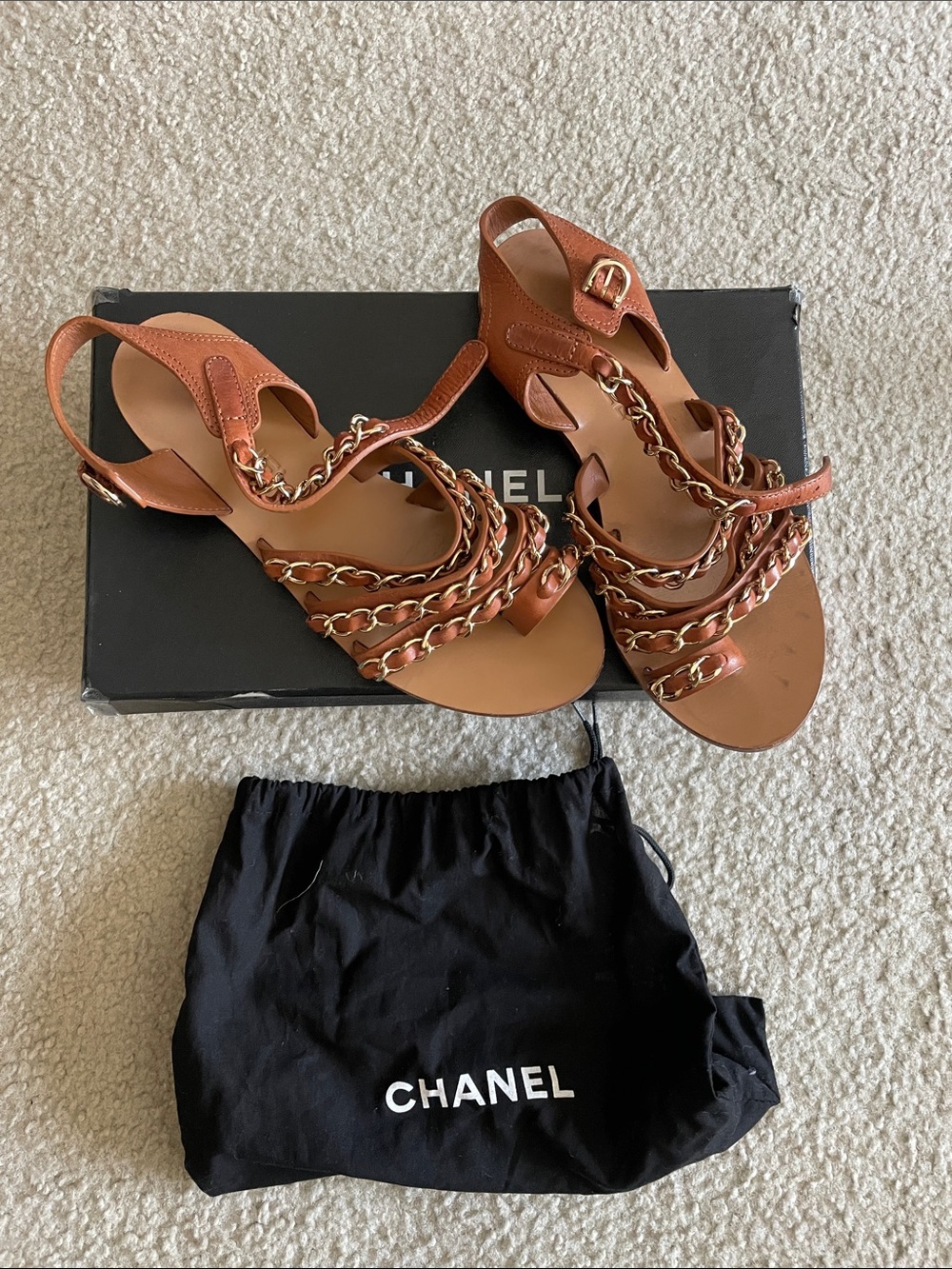 CHANEL Tan Leather Chain-Strap Sandals 39